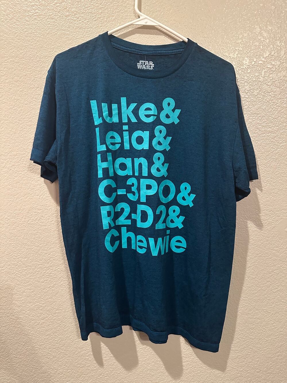 NWT Disney Parks Star Wars Luke Leia Han C-3P0 R2-D2 Chewie Blue Turquoise Tee L